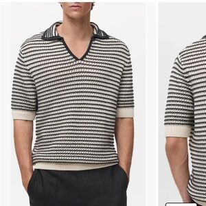 MANGO Striped Knit Short Sleeve Polo - Cream & Black